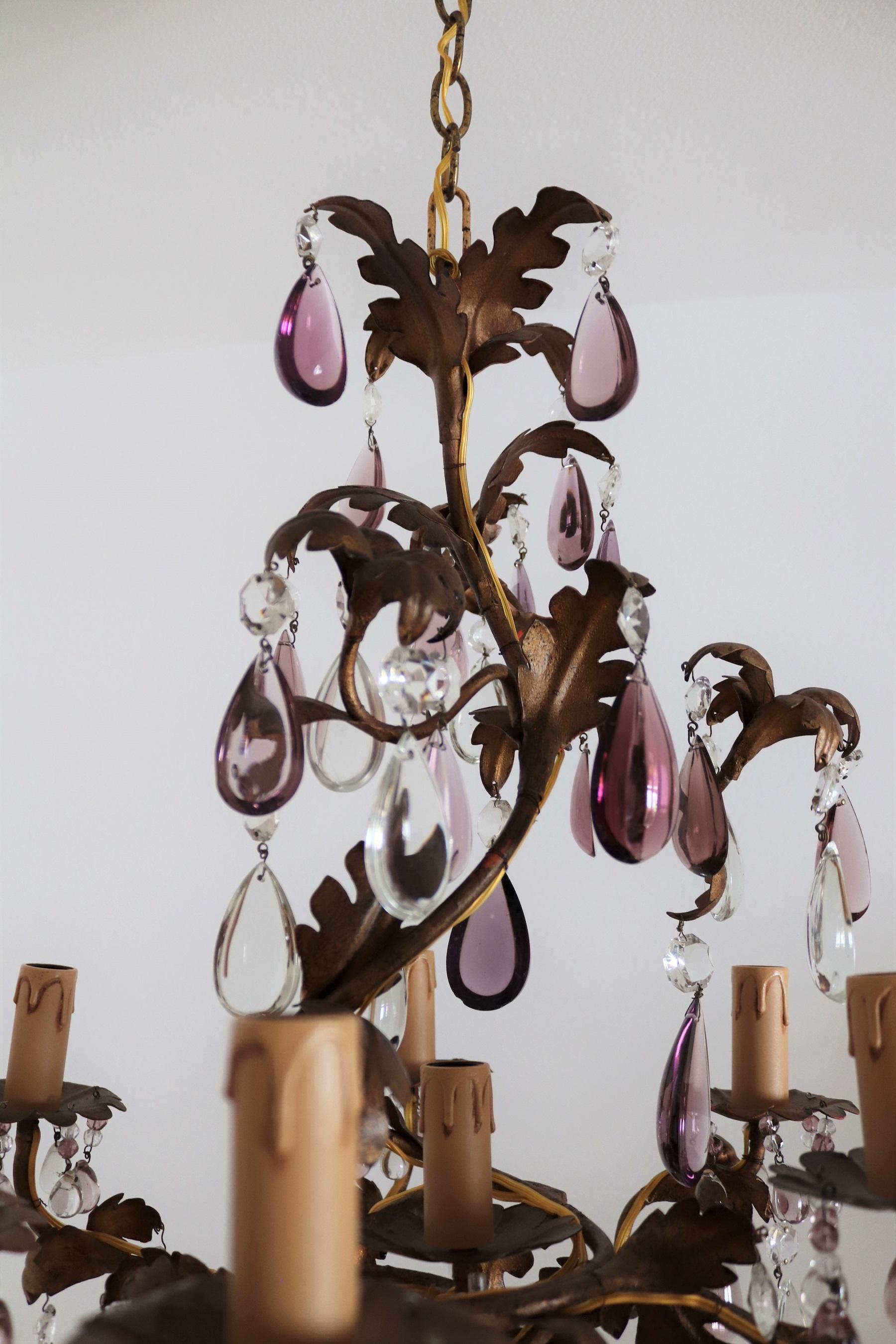 Italian Midcentury Chandelier with Antique Purple Murano Crystal Glass Drops 1