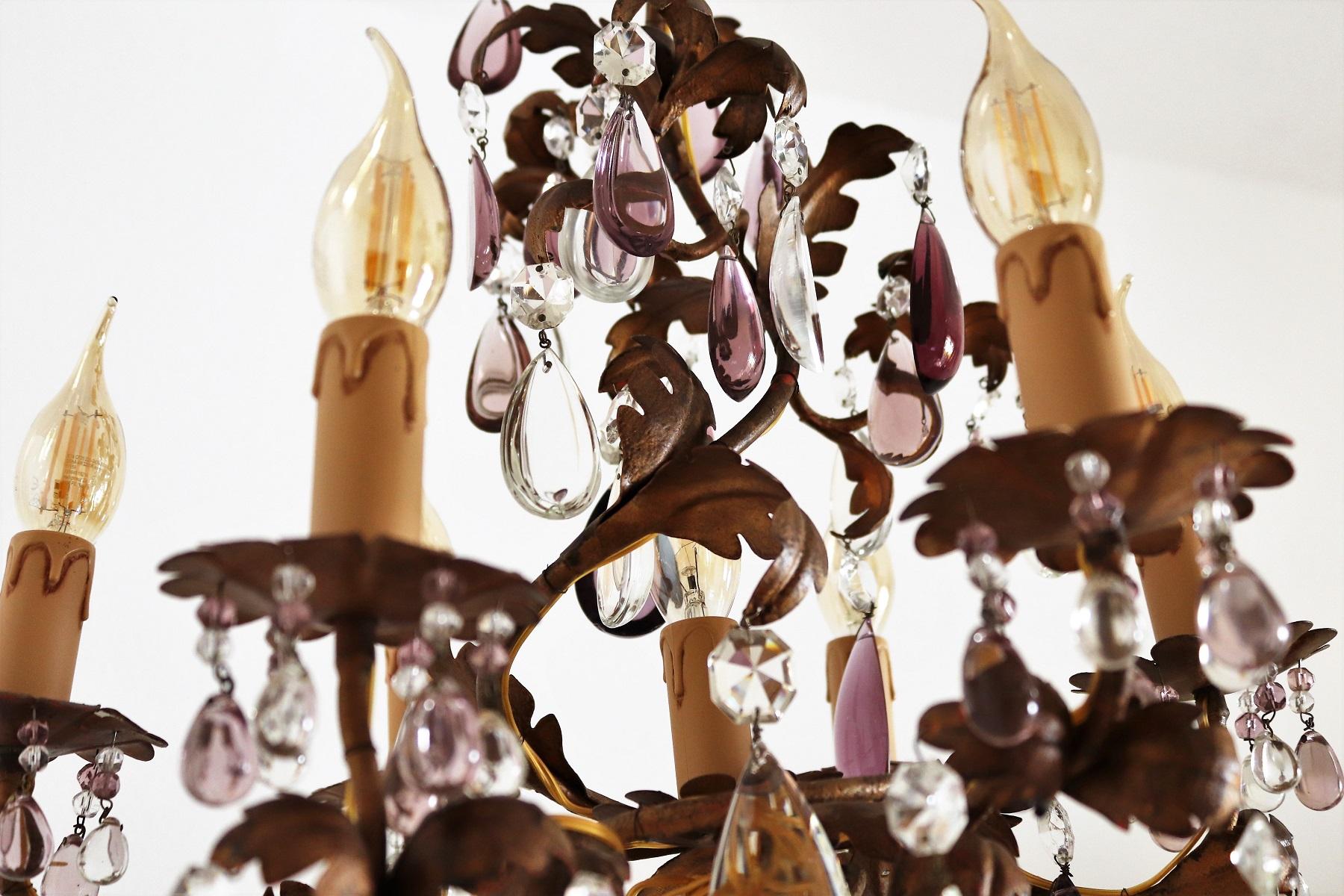 Italian Midcentury Chandelier with Antique Purple Murano Crystal Glass Drops 3