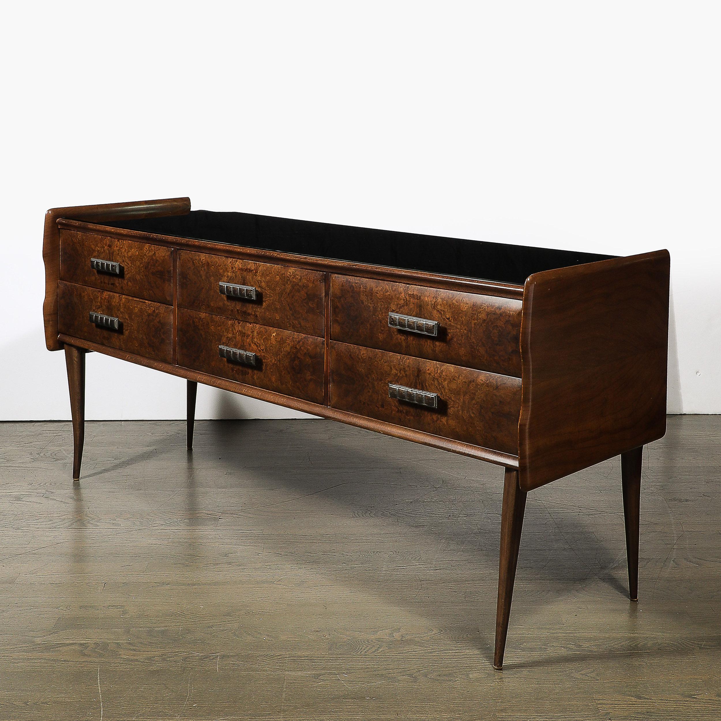 Italian Midcentury Chest in Walnut with Stylized Brass Pulls and Vitrolite Top 6
