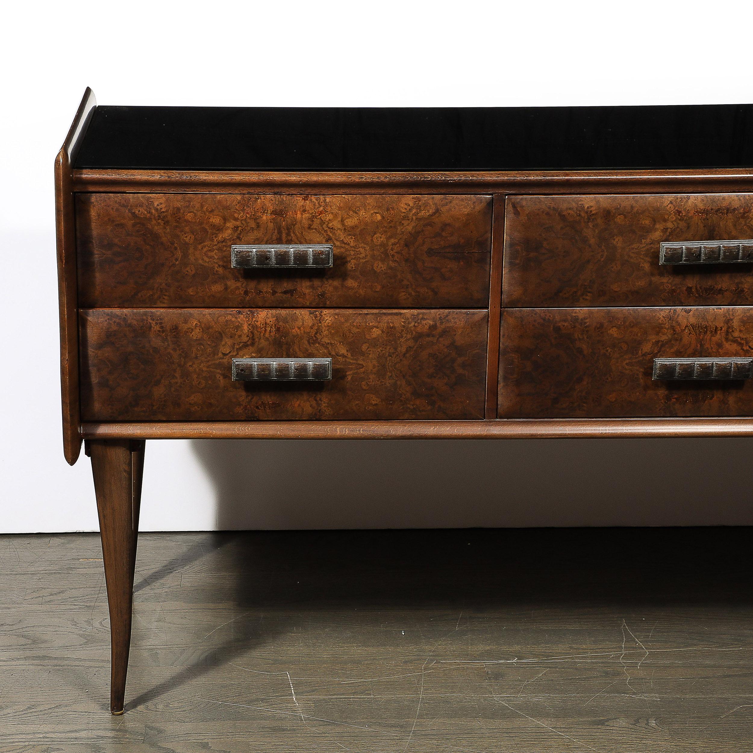 Mid-Century Modern Italian Midcentury Chest in Walnut with Stylized Brass Pulls and Vitrolite Top