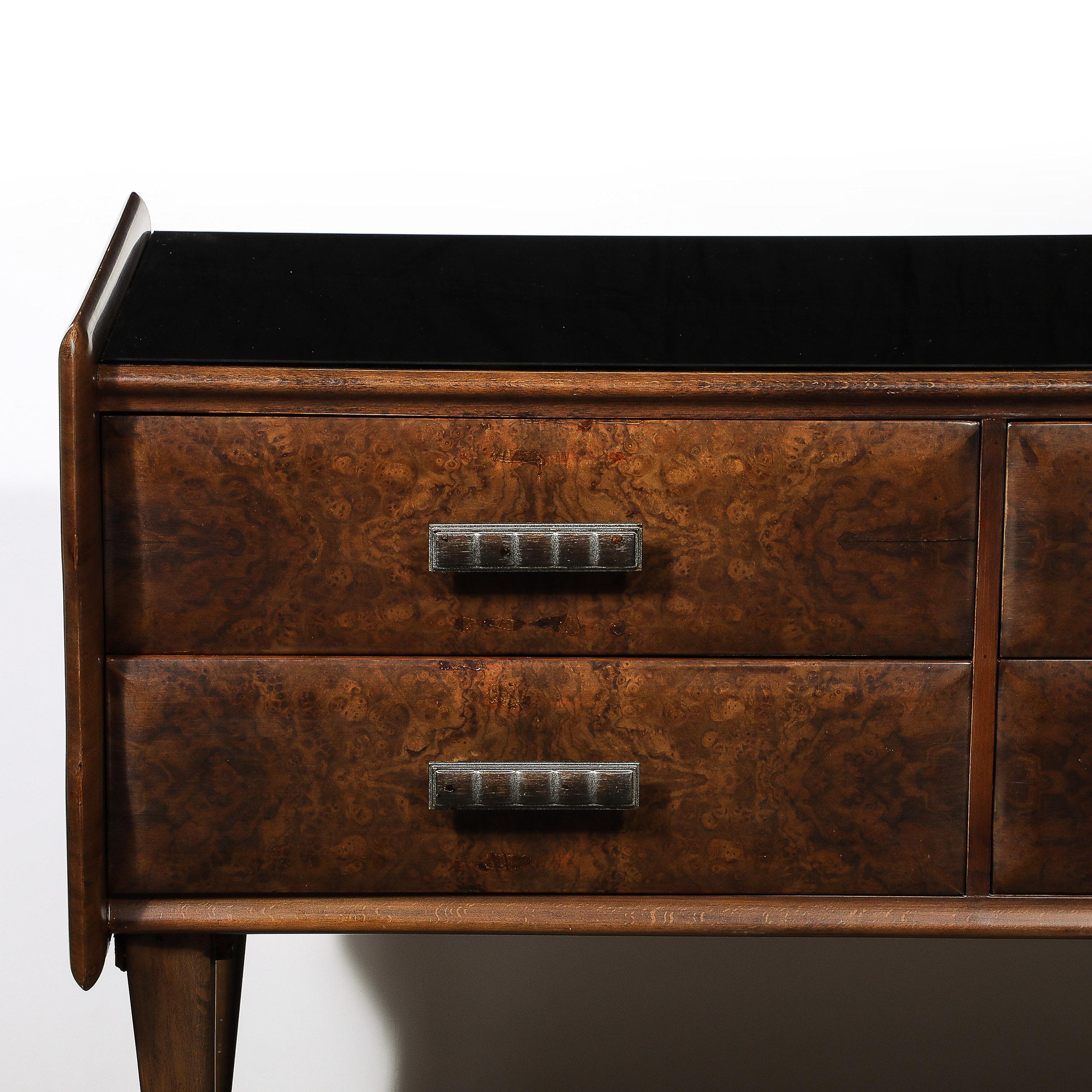 Italian Midcentury Chest in Walnut with Stylized Brass Pulls and Vitrolite Top In Excellent Condition In New York, NY