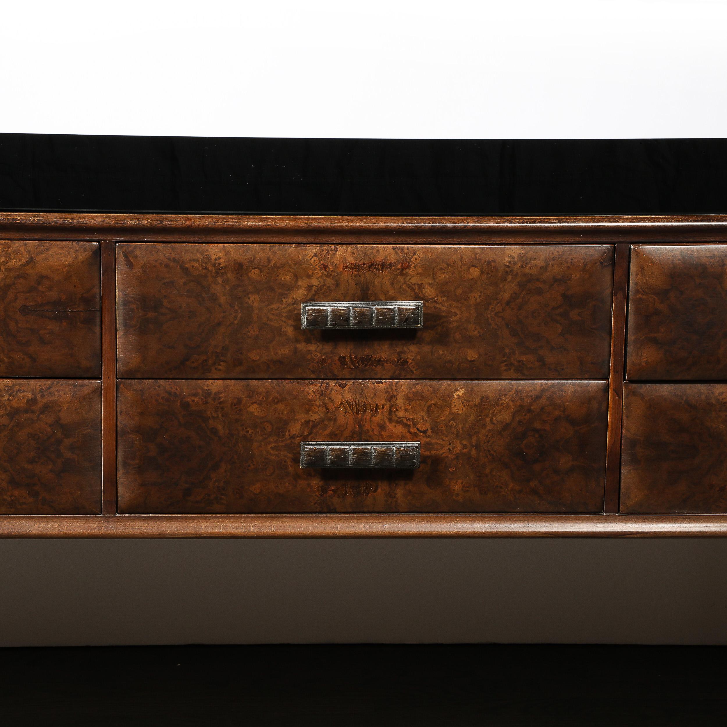 Mid-20th Century Italian Midcentury Chest in Walnut with Stylized Brass Pulls and Vitrolite Top
