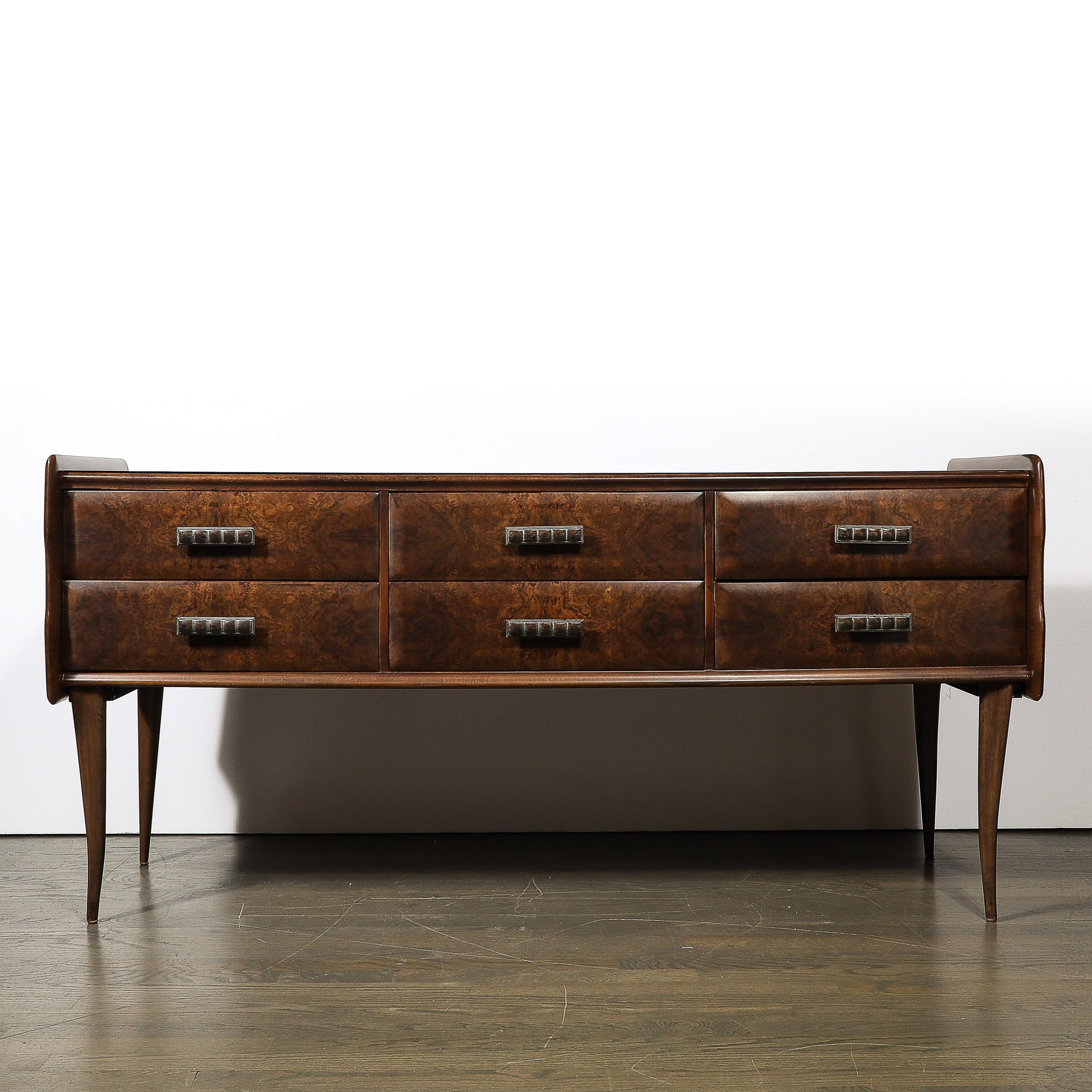 Italian Midcentury Chest in Walnut with Stylized Brass Pulls and Vitrolite Top 1