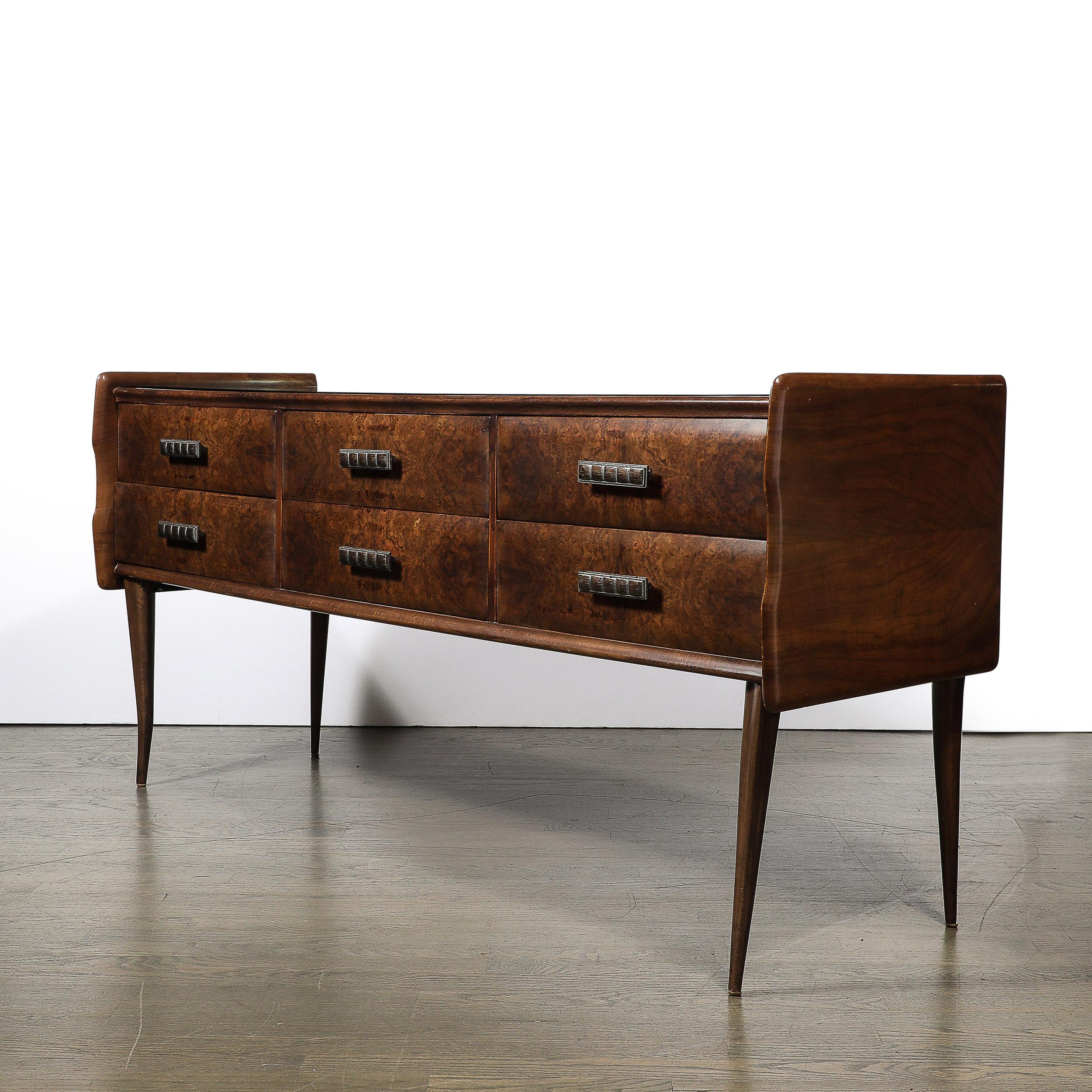 Italian Midcentury Chest in Walnut with Stylized Brass Pulls and Vitrolite Top 2