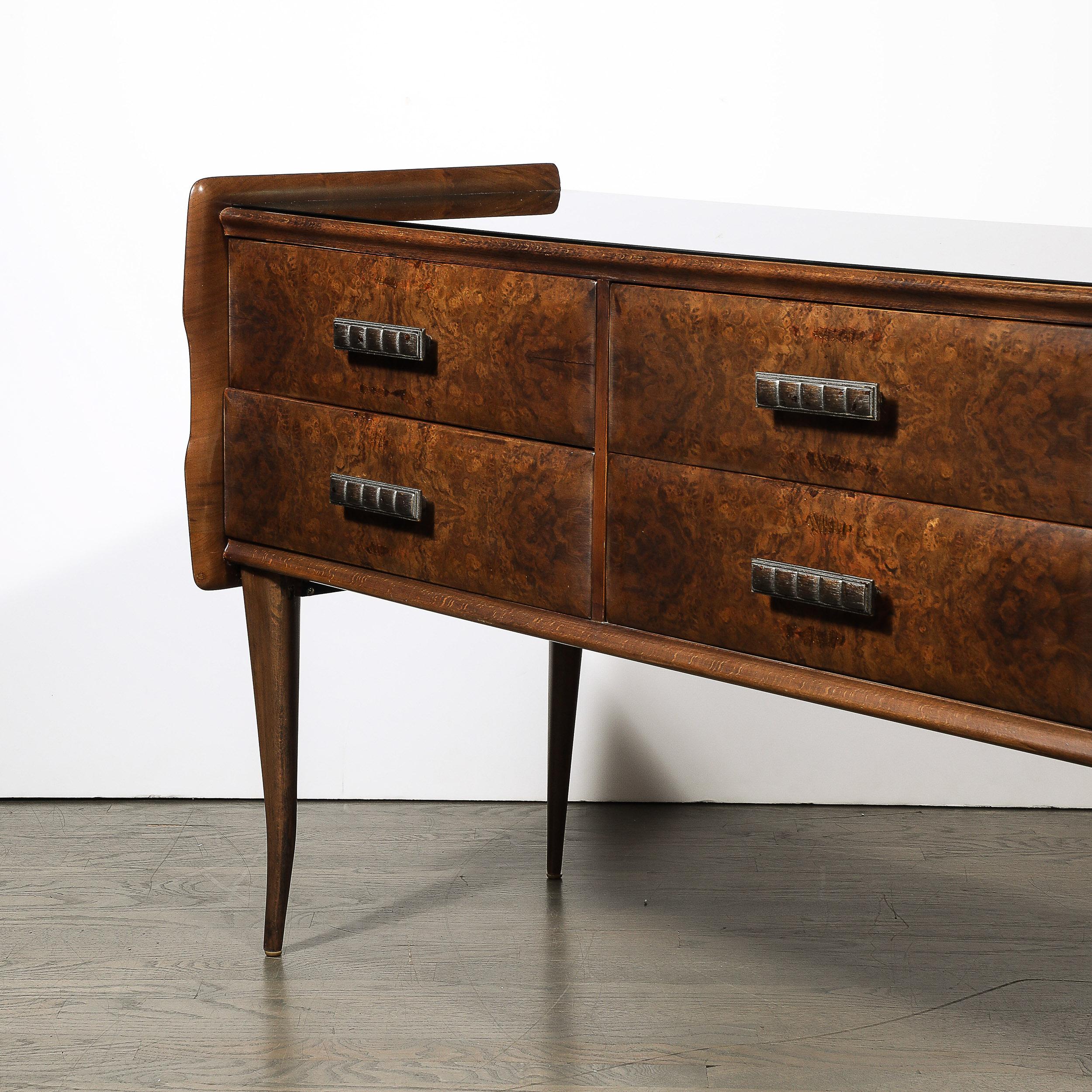 Italian Midcentury Chest in Walnut with Stylized Brass Pulls and Vitrolite Top 4