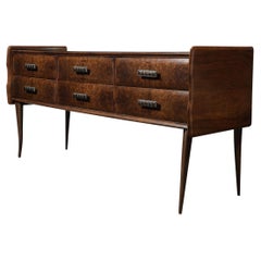 Italian Midcentury Chest in Walnut with Stylized Brass Pulls and Vitrolite Top