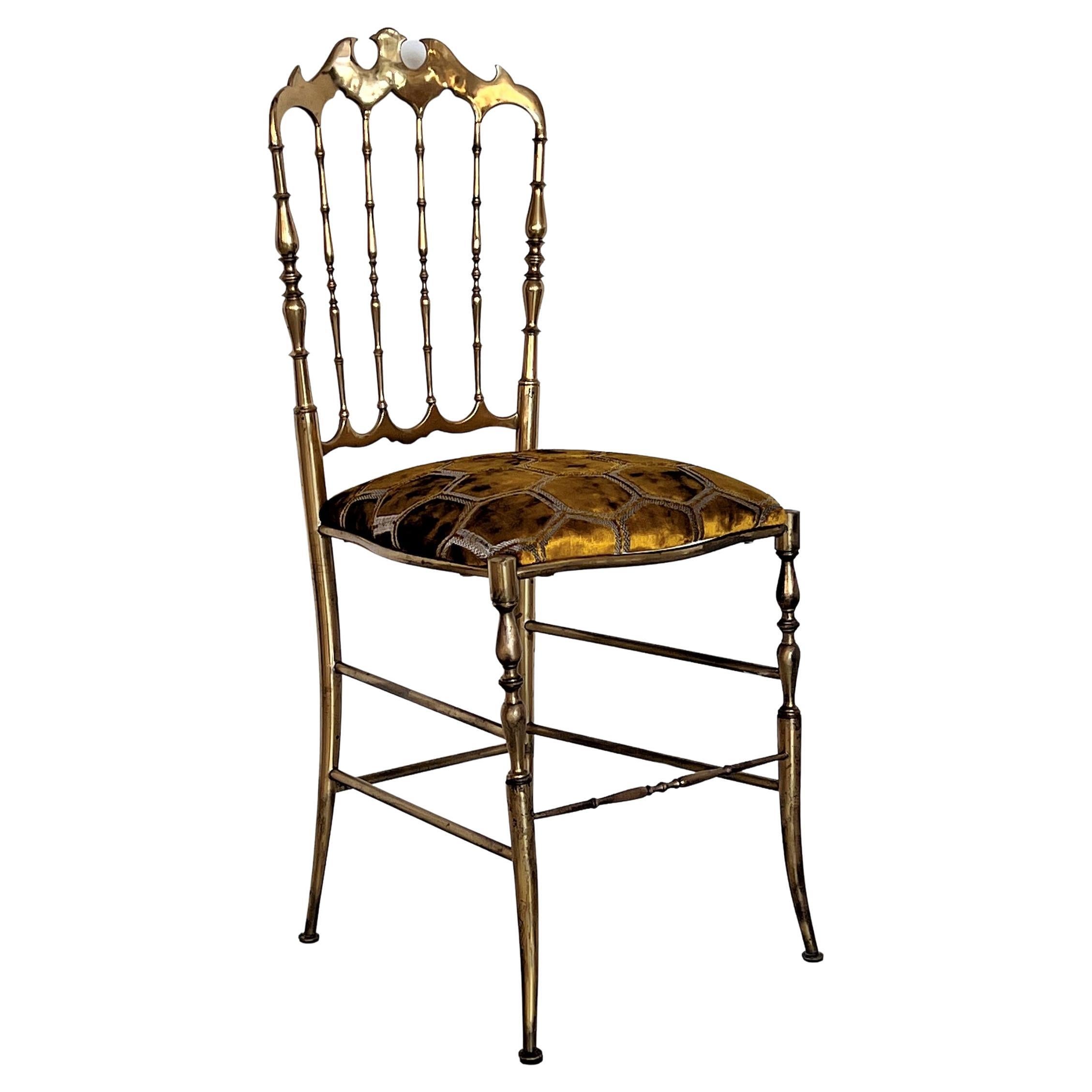 Italian Mid-Century Chiavari Chair in Full Brass with New Upholstery, 1970s For Sale