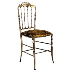 Vintage Italian Mid-Century Chiavari Chair in Full Brass with New Upholstery, 1970s