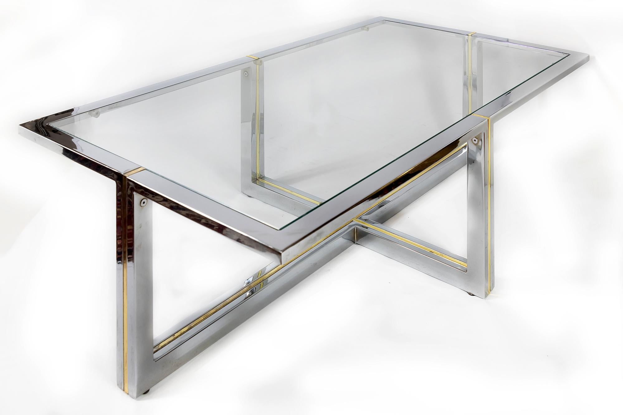 Mid-Century Modern Italian Midcentury Chrome, Brass and Glass Coffee Table, Willy Rizzo, circa 1970