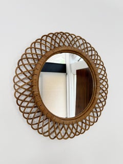 Italian Midcentury Circle Bamboo Rattan Wall Mirror, 1960s