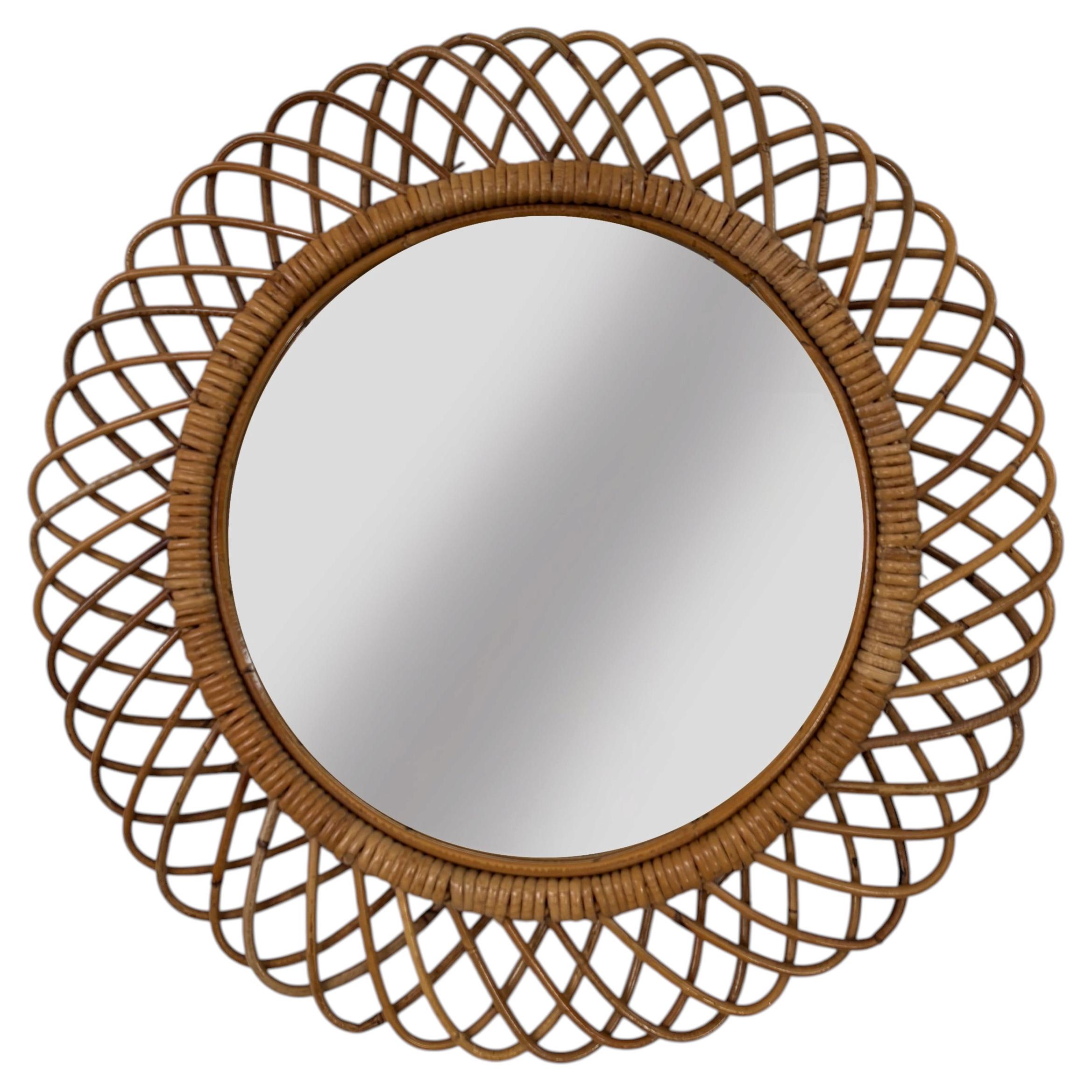 Italian Midcentury Circle Bamboo Rattan Wall Mirror, 1960s