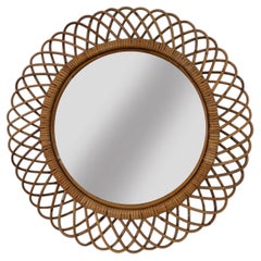 Italian Midcentury Circle Bamboo Rattan Wall Mirror, 1960s