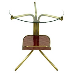 Italian Midcentury Circular Brass and Glass Side Table with Magazine Rack