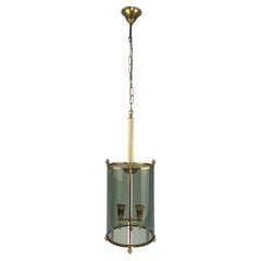 Italian Midcentury Circular Brass & Coloured Glass Lantern