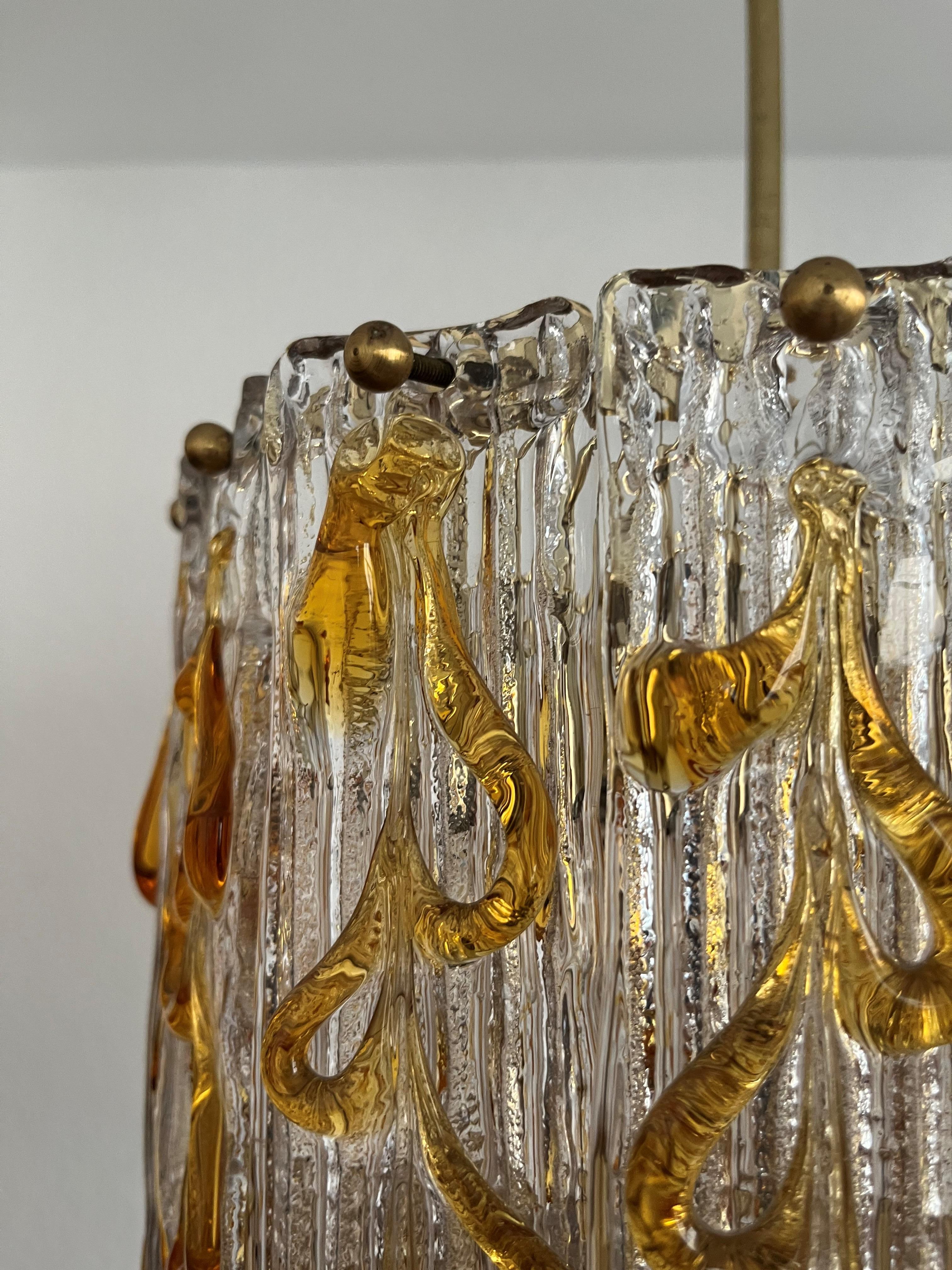 Brass Mid-Century Italian Amber Clear Murano Chandelier from 70s