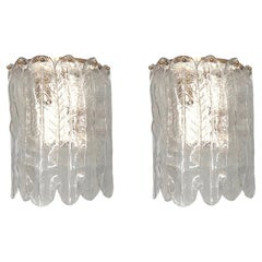 Italian Midcentury Clear Murano Glass Leaf Wall Sconces, 1970s