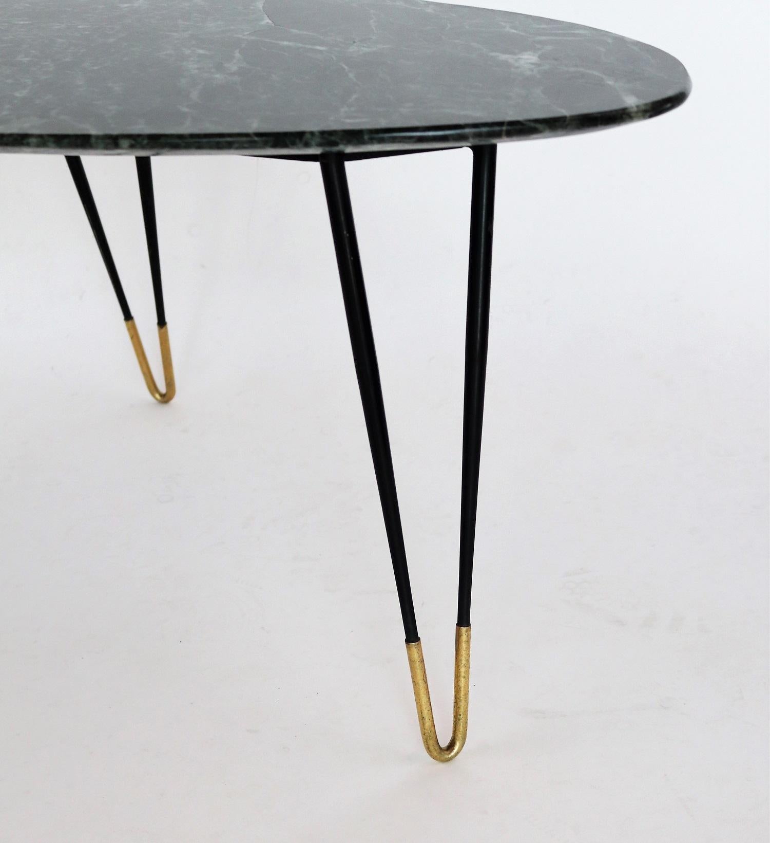 Italian Midcentury Coffee Table with Green Alps Marble Top and Brass Feet, 1950s 6