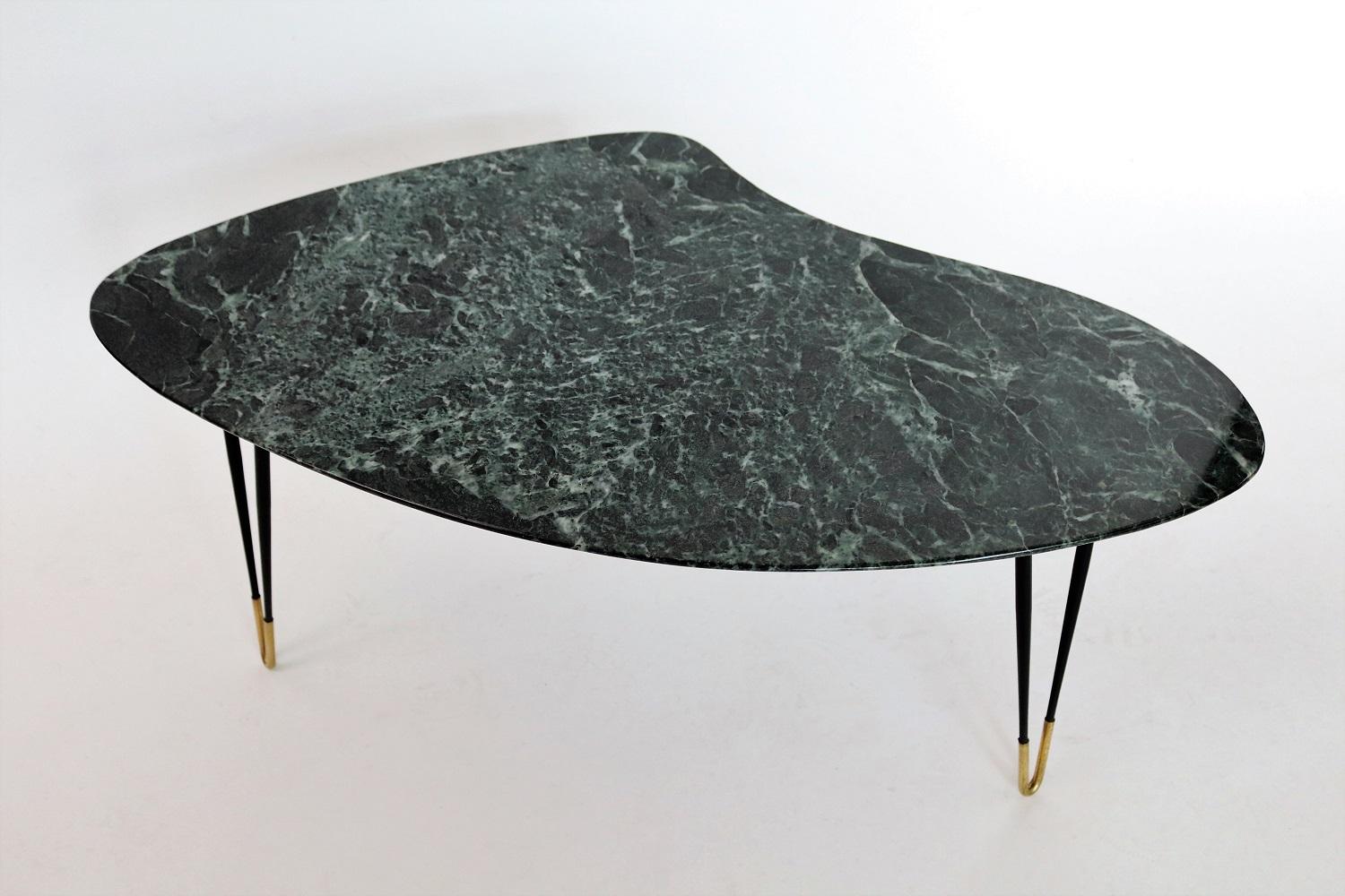 Italian Midcentury Coffee Table with Green Alps Marble Top and Brass Feet, 1950s 11