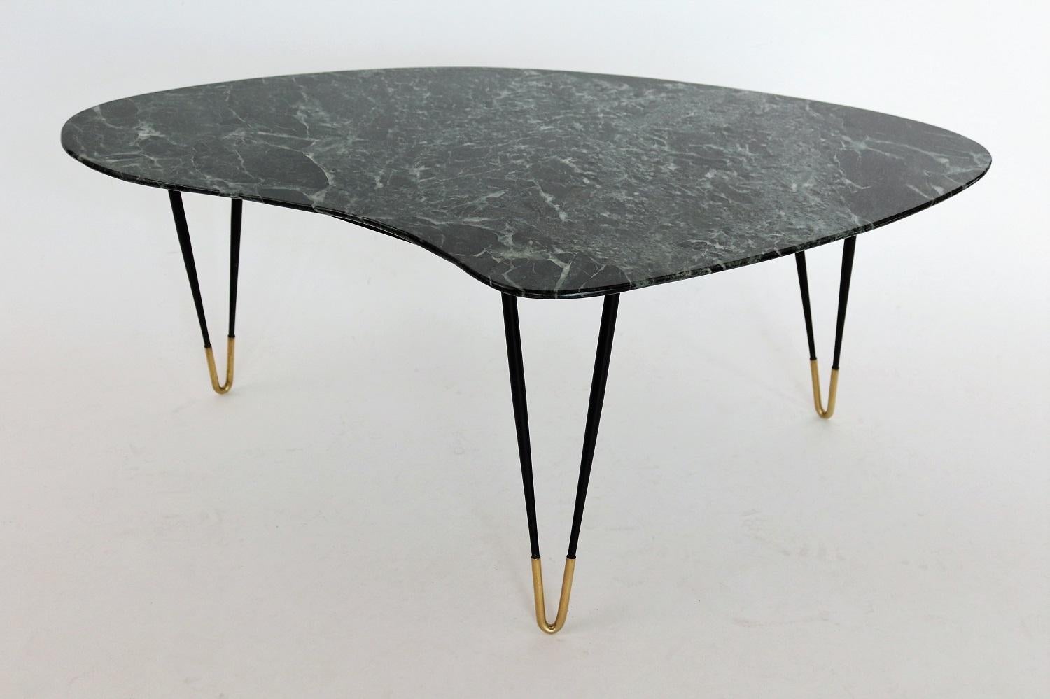 Mid-Century Modern Italian Midcentury Coffee Table with Green Alps Marble Top and Brass Feet, 1950s