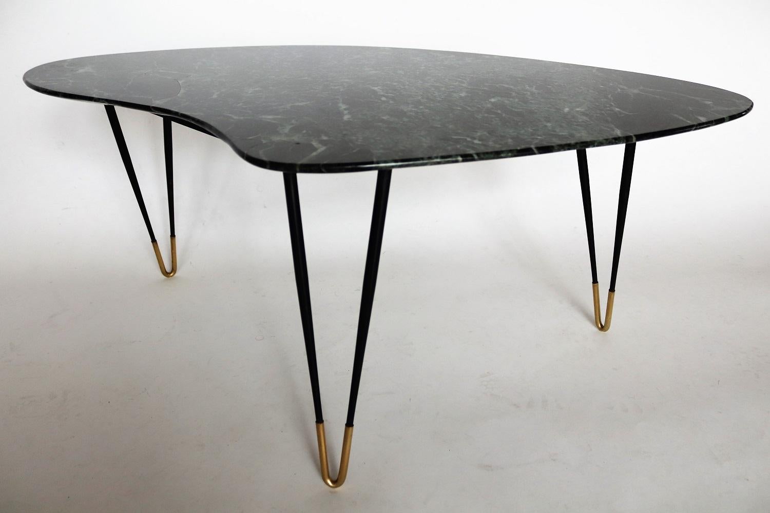 Italian Midcentury Coffee Table with Green Alps Marble Top and Brass Feet, 1950s 2