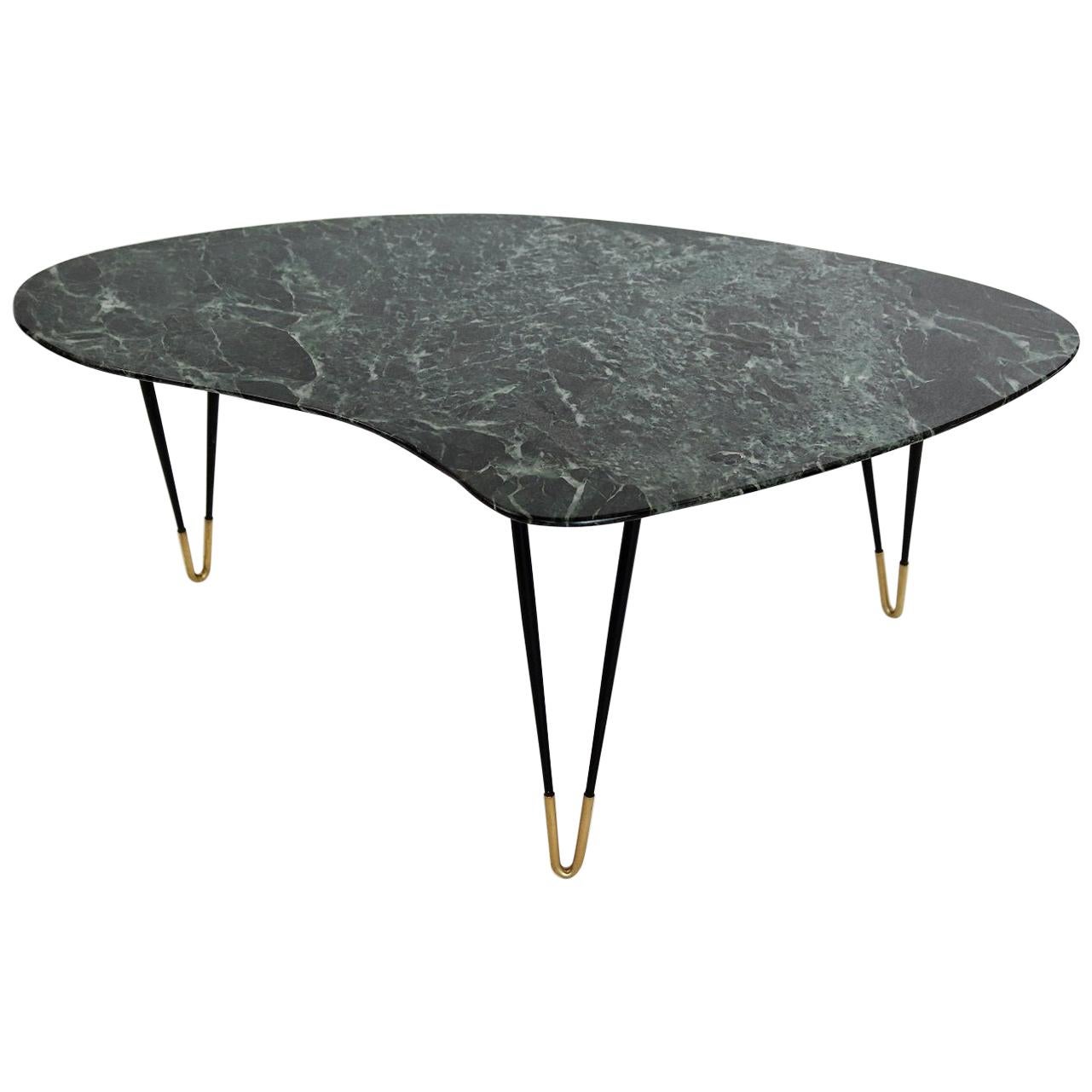 Italian Midcentury Coffee Table with Green Alps Marble Top and Brass Feet, 1950s