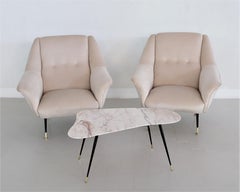 Italian Midcentury Coffee Table with Kidney Shape Marble Top and Brass Tips 1950