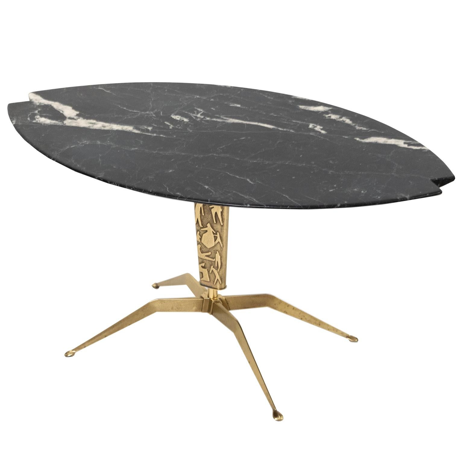 Italian Midcentury Coffee Table with Notched Oval Black Marble Top Brass Base