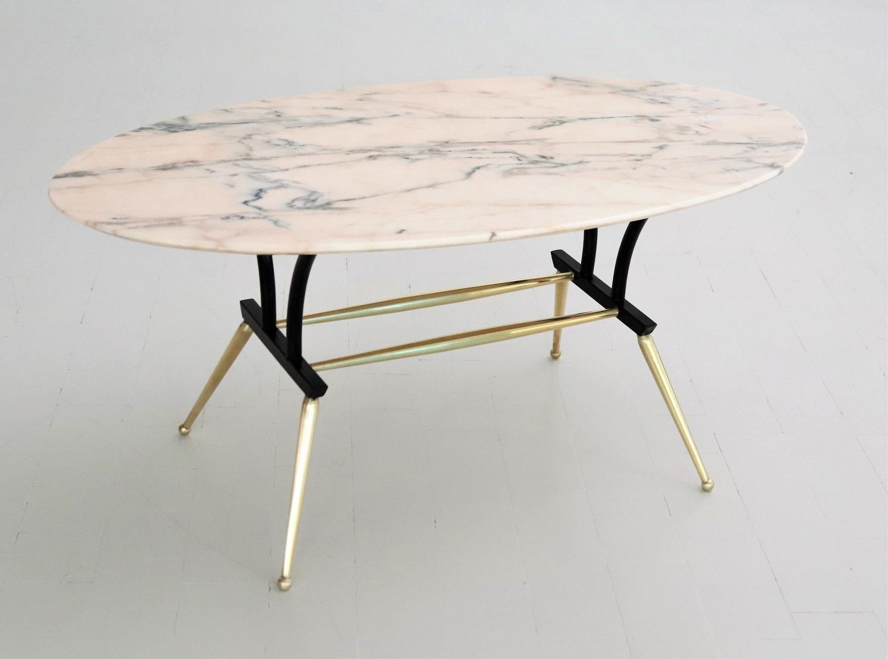 Italian Midcentury Coffee Table with Pink and Grey Marble and Brass Feet, 1950s 7
