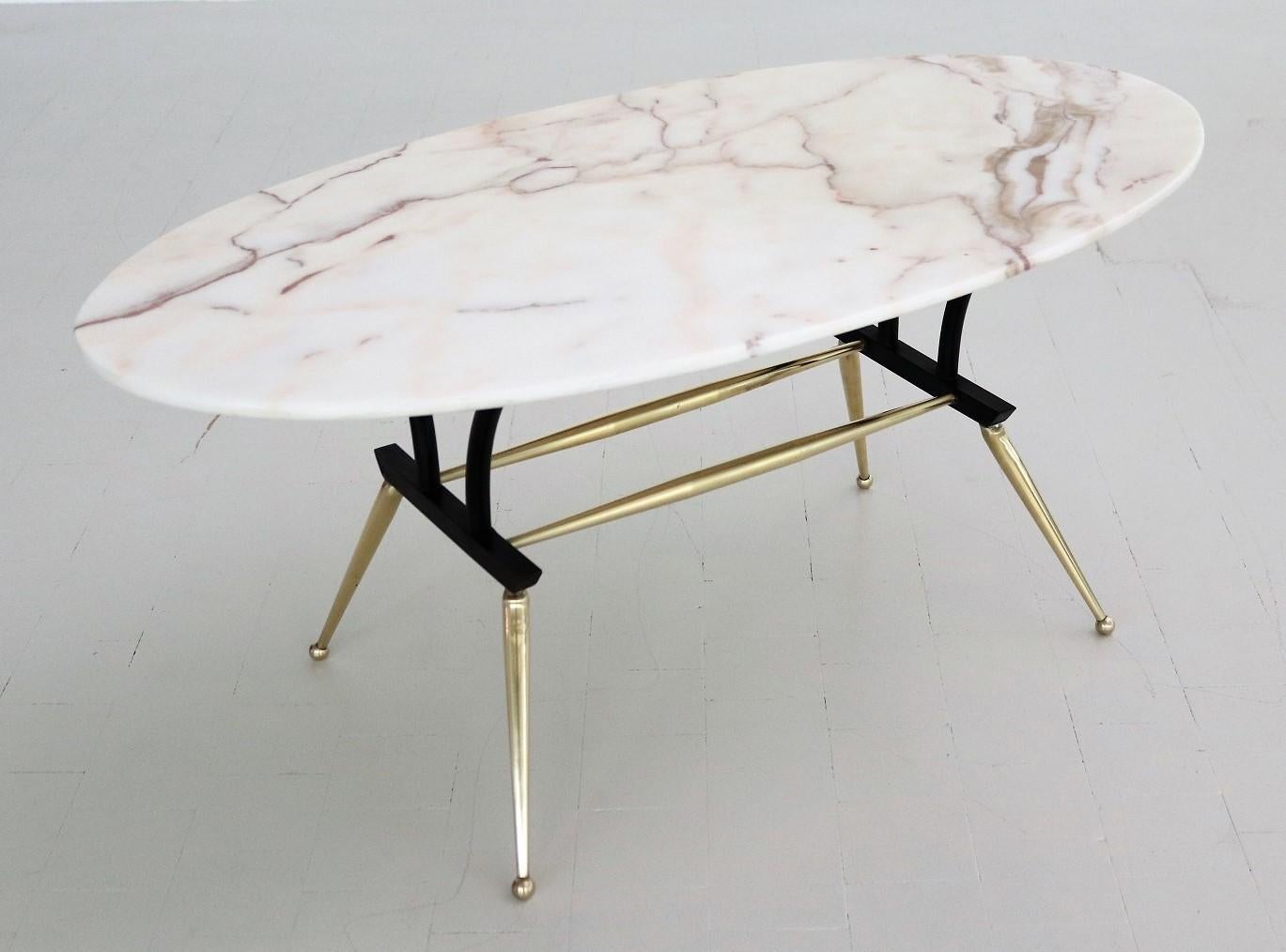 Italian Midcentury Coffee Table with Pink and Grey Marble and Brass Feet, 1950s 8