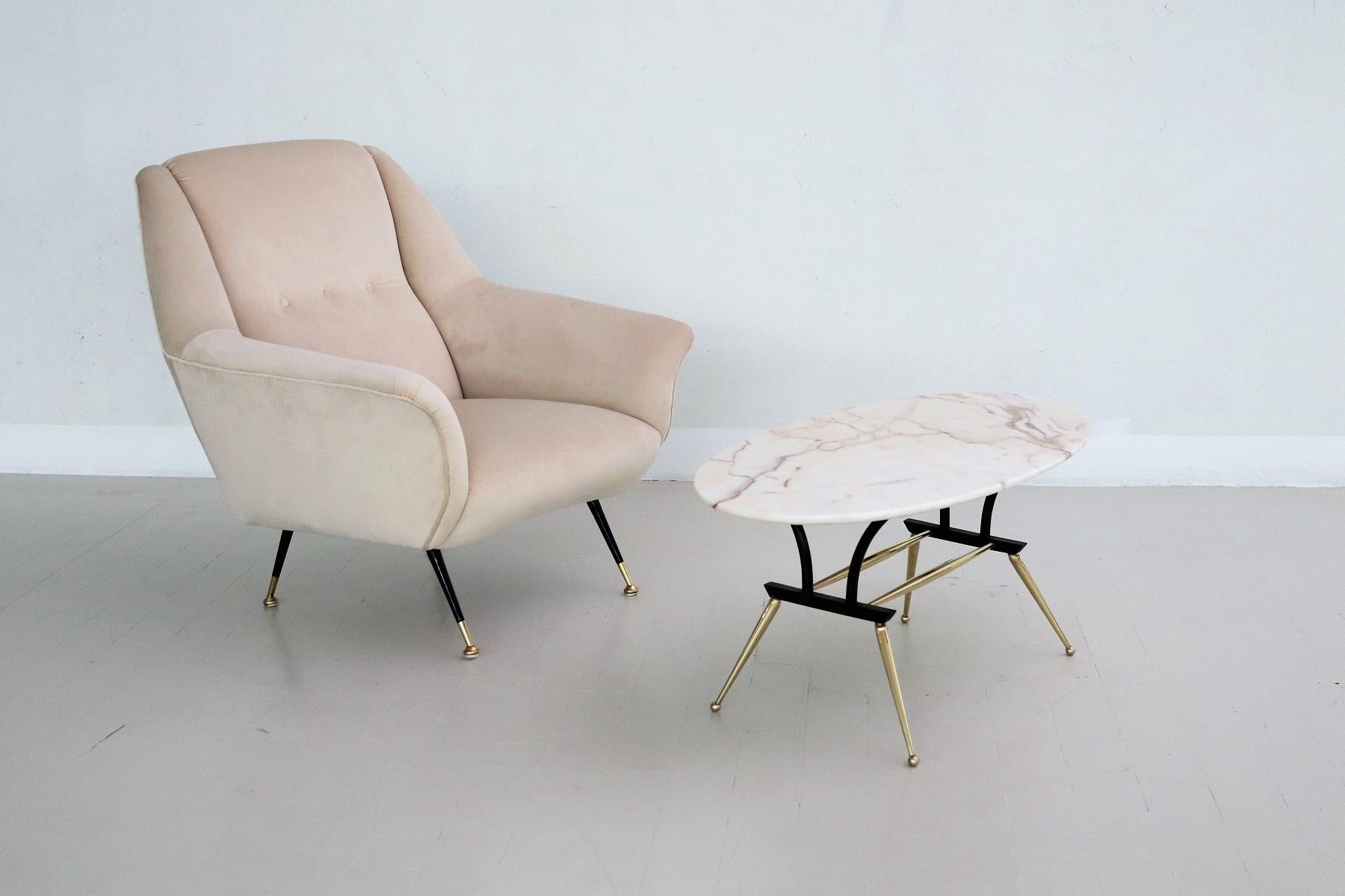 Mid-Century Modern Italian Midcentury Coffee Table with Pink and Grey Marble and Brass Feet, 1950s