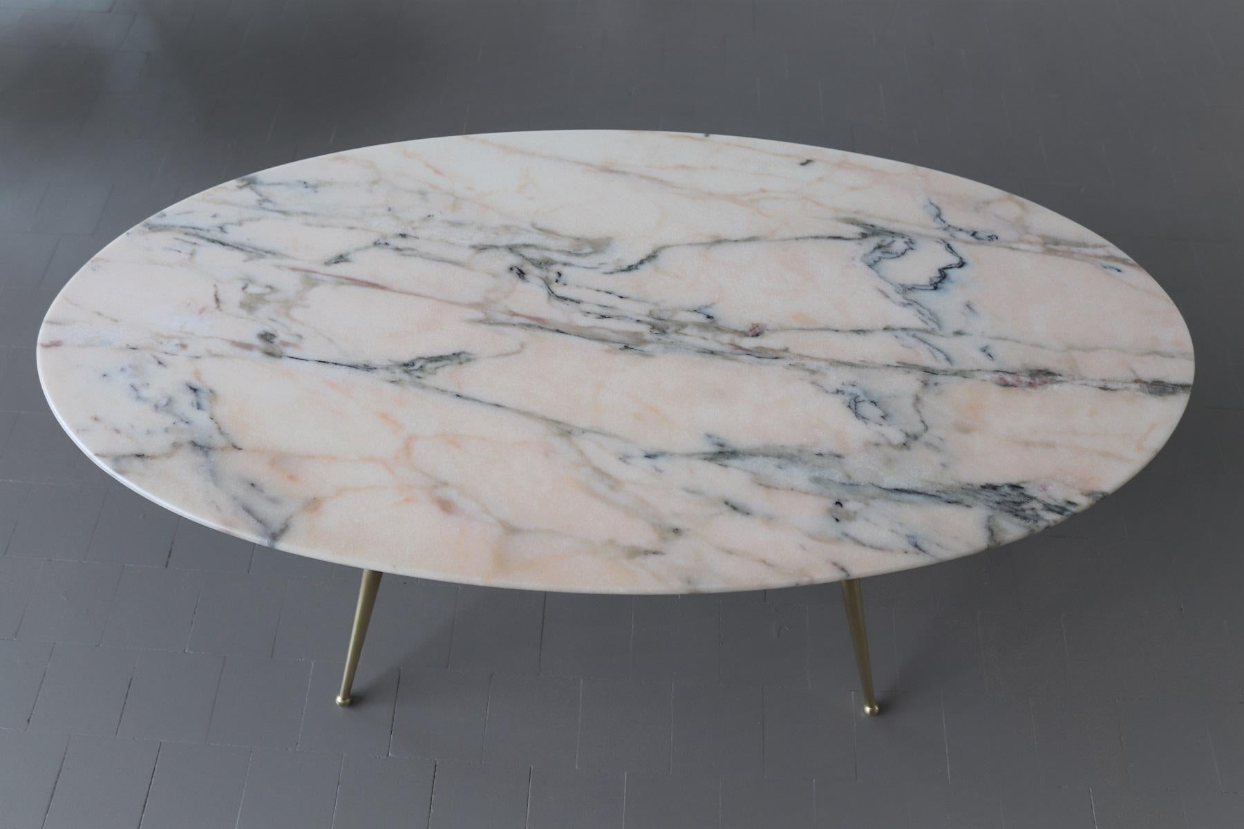 Mid-Century Modern Italian Midcentury Coffee Table with Pink and Grey Marble and Brass Feet, 1950s