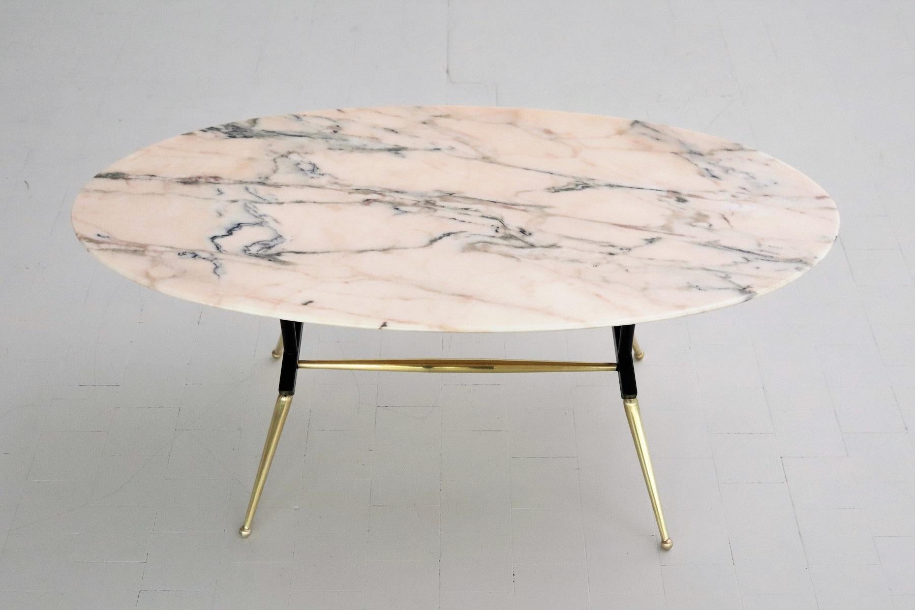 Mid-20th Century Italian Midcentury Coffee Table with Pink and Grey Marble and Brass Feet, 1950s