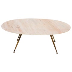 Italian Midcentury Coffee Table with Pink and Grey Marble and Brass Feet, 1950s
