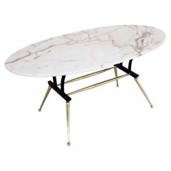 Italian Midcentury Coffee Table with Pink and Grey Marble and Brass Feet, 1950s