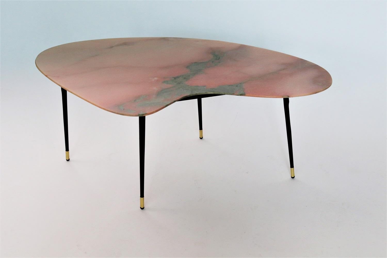 Italian Midcentury Coffee Table with Pink Green Marble Top and Brass Feet, 1950s 8