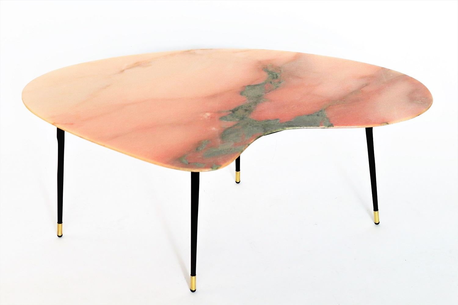 Mid-20th Century Italian Midcentury Coffee Table with Pink Green Marble Top and Brass Feet, 1950s