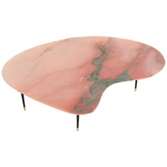 Italian Midcentury Coffee Table with Pink Green Marble Top and Brass Feet, 1950s