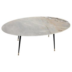 Italian Midcentury Coffee Table with Grey and Pink Marble and Brass Feet, 1950s