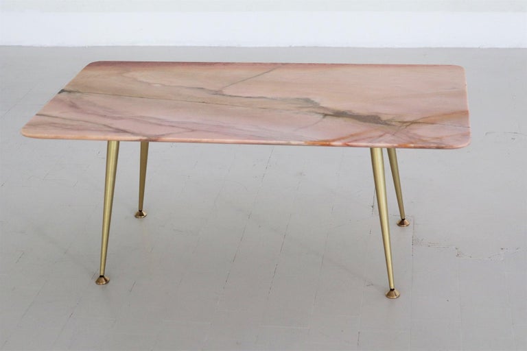 Metal Italian Midcentury Coffee Table with Pink Marble Top and Brass Tips, 1950s For Sale
