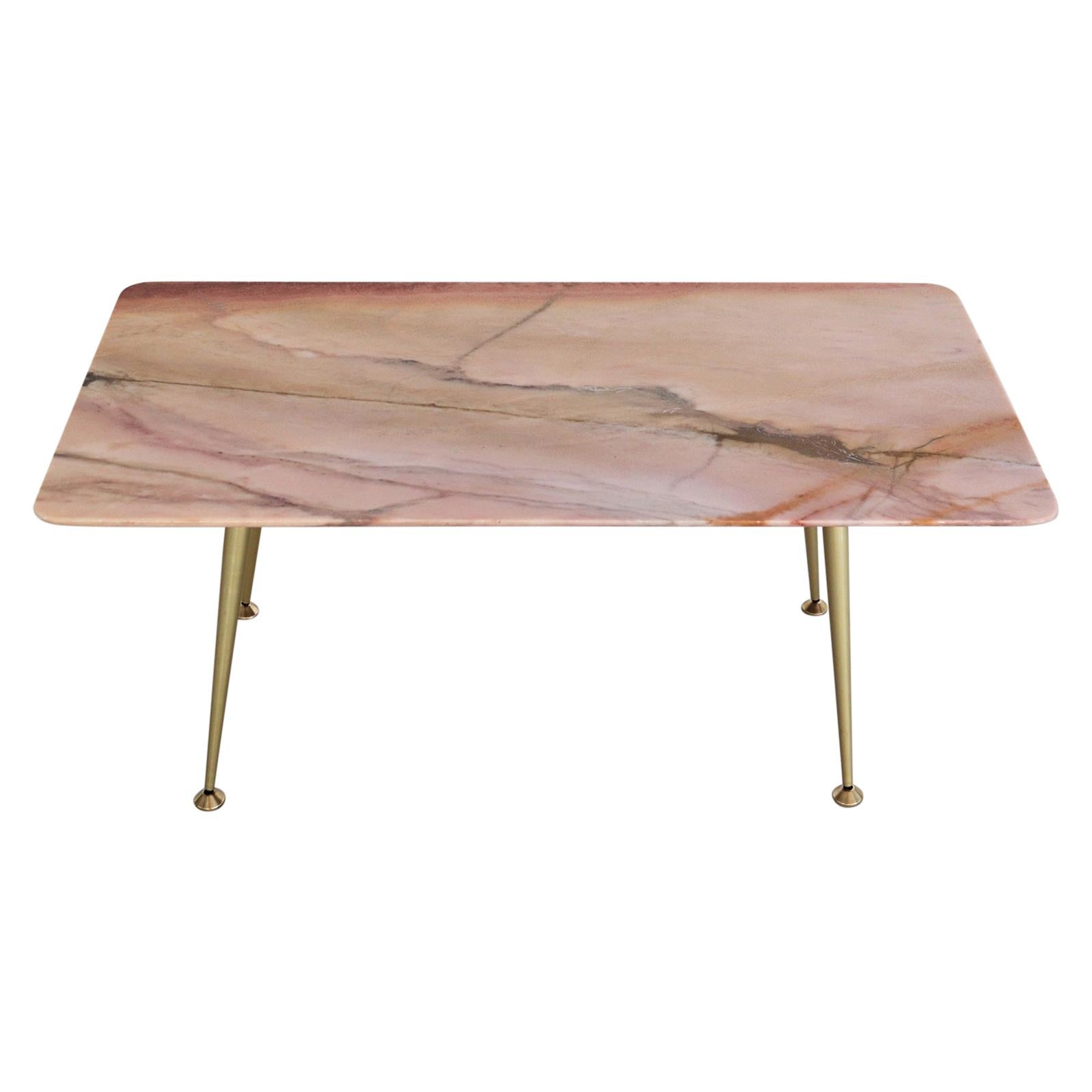 Italian Midcentury Coffee Table with Pink Marble Top and Brass Tips, 1950s
