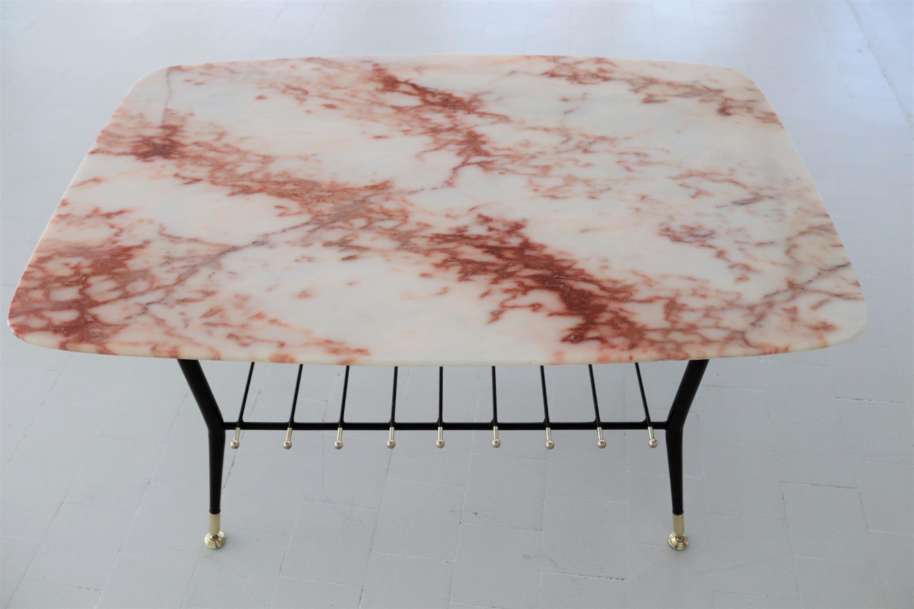 Italian Midcentury Coffee Table with Pink Marble Top and Magazines Tray, 1970s 6