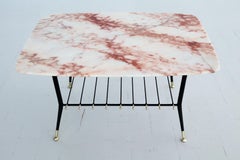 Italian Midcentury Coffee Table with Pink Marble Top and Magazines Tray, 1970s