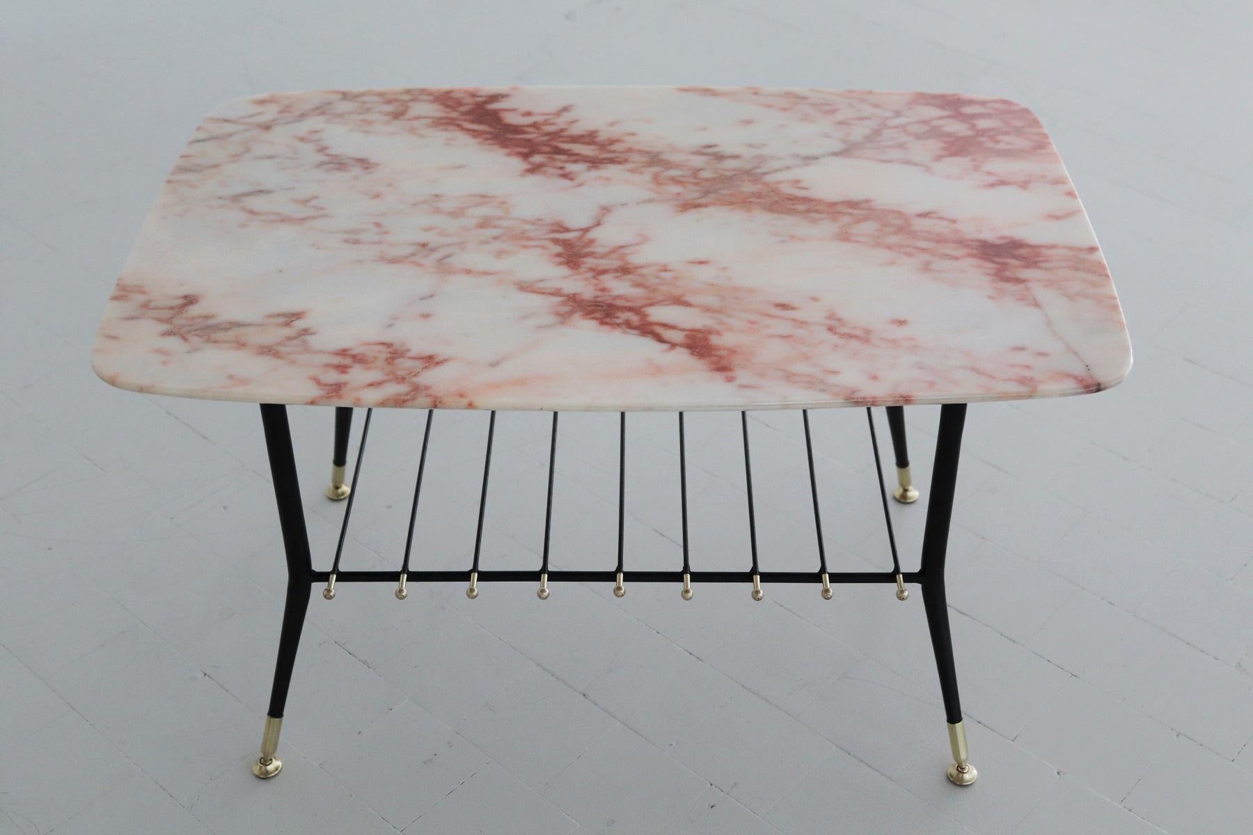 Mid-Century Modern Italian Midcentury Coffee Table with Pink Marble Top and Magazines Tray, 1970s