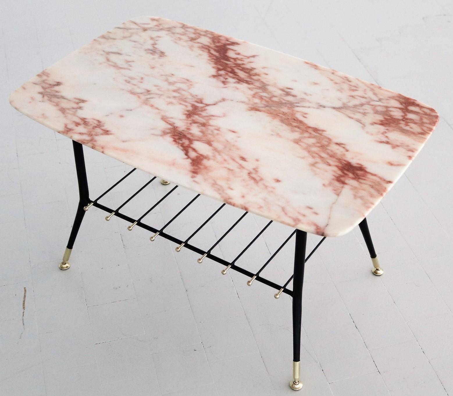 Metal Italian Midcentury Coffee Table with Pink Marble Top and Magazines Tray, 1970s