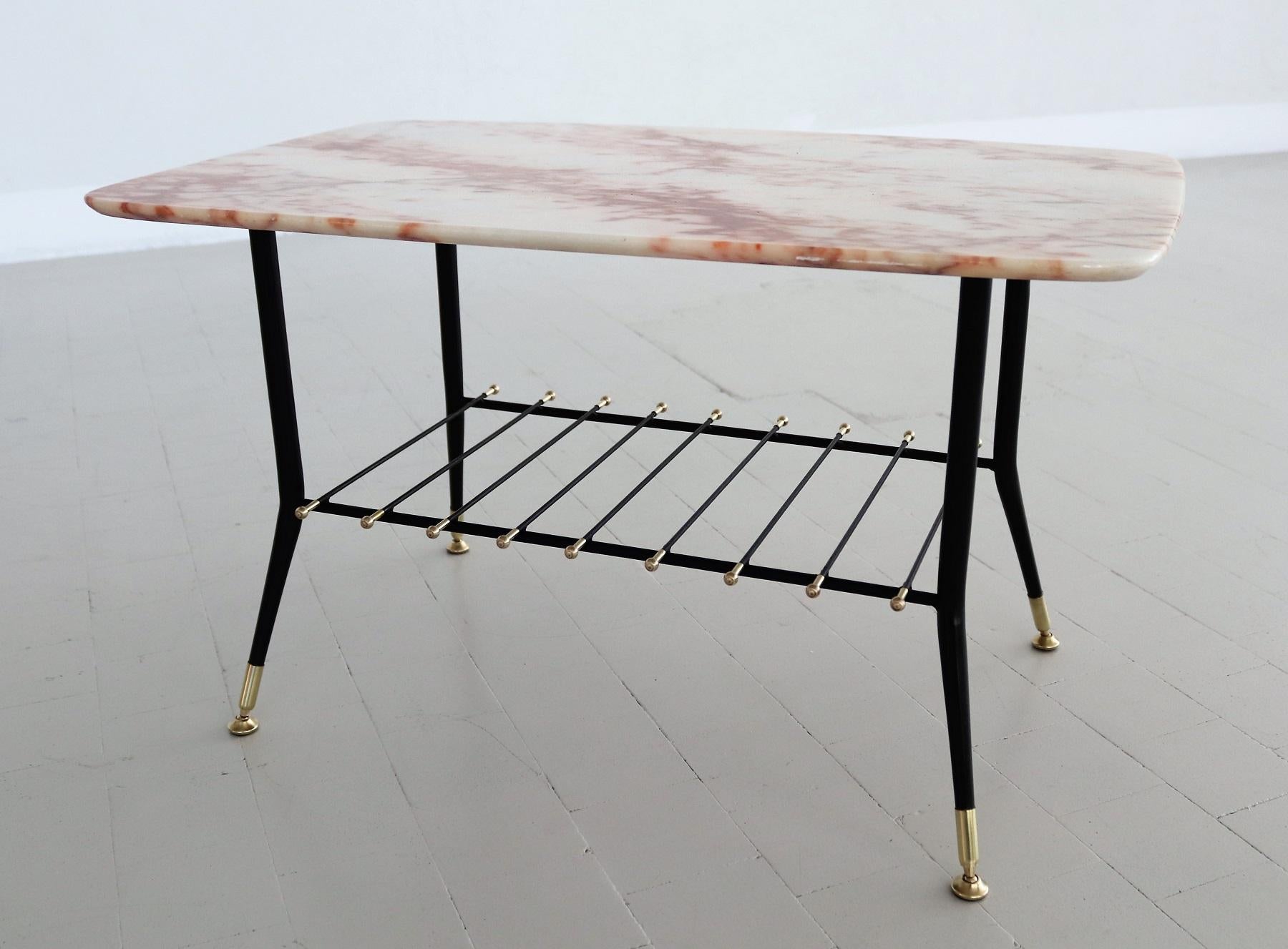 Italian Midcentury Coffee Table with Pink Marble Top and Magazines Tray, 1970s 2