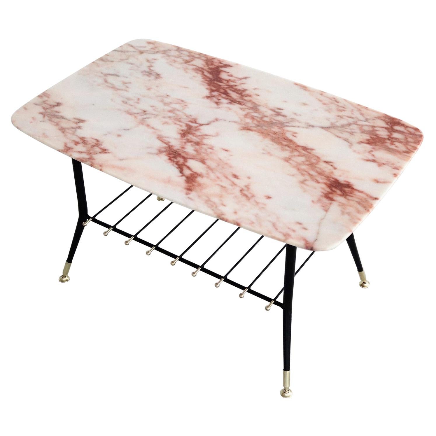 Italian Midcentury Coffee Table with Pink Marble Top and Magazines Tray, 1970s