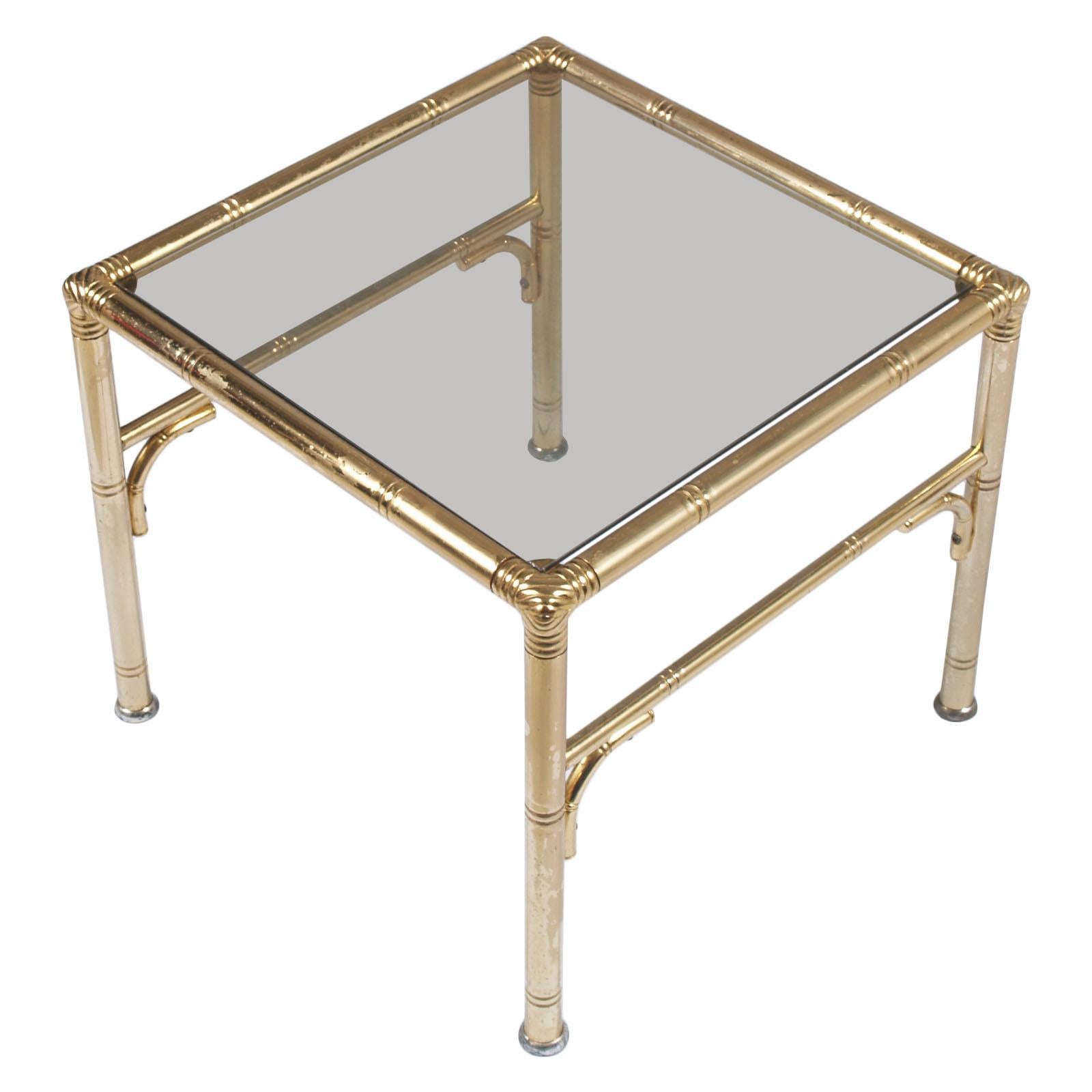 Midcentury Coffee Tables, Faux Bamboo Gilt Metal, Smoked Glass by Maison Bagues For Sale