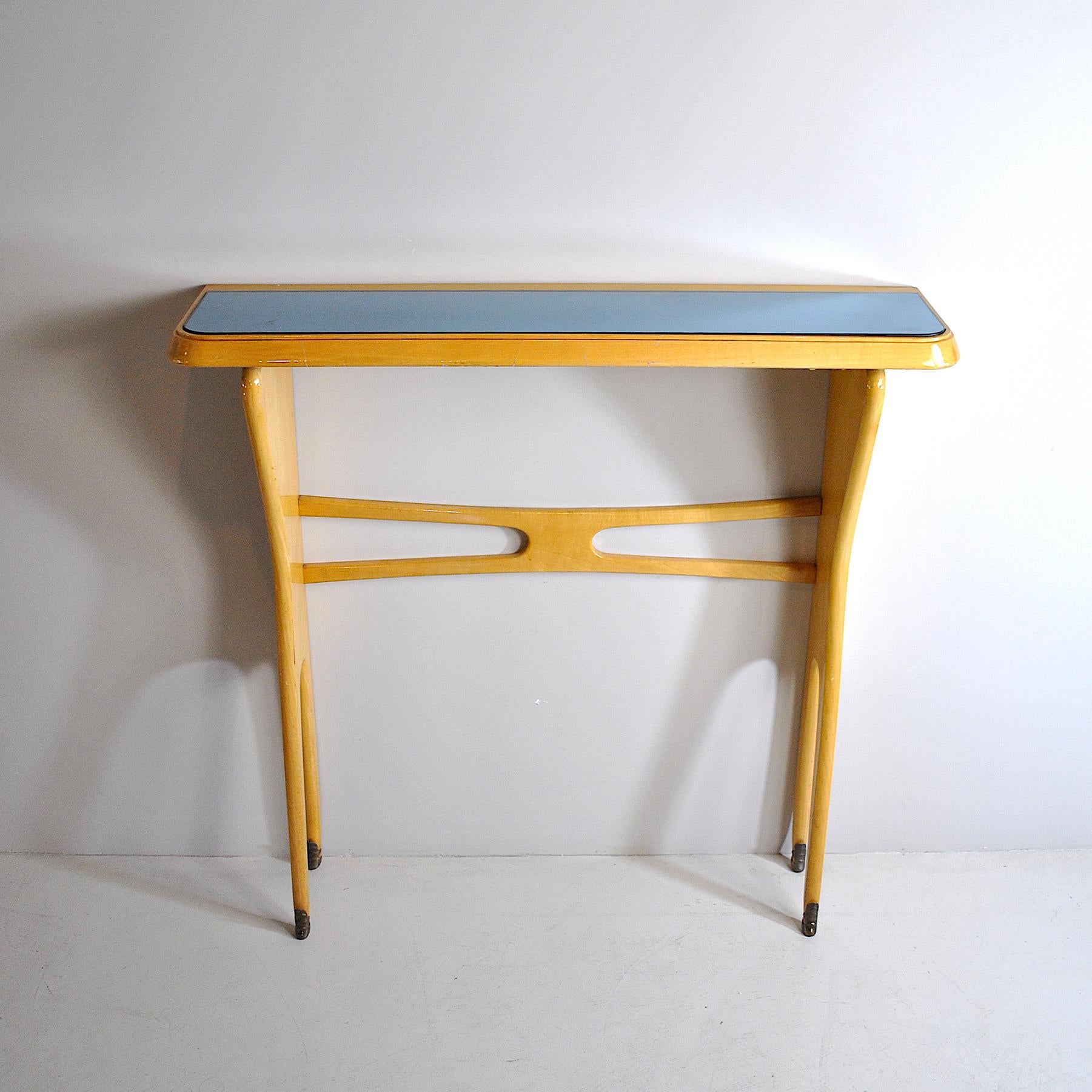 Console made in Italy from the 1950s in light wood and colored glass.