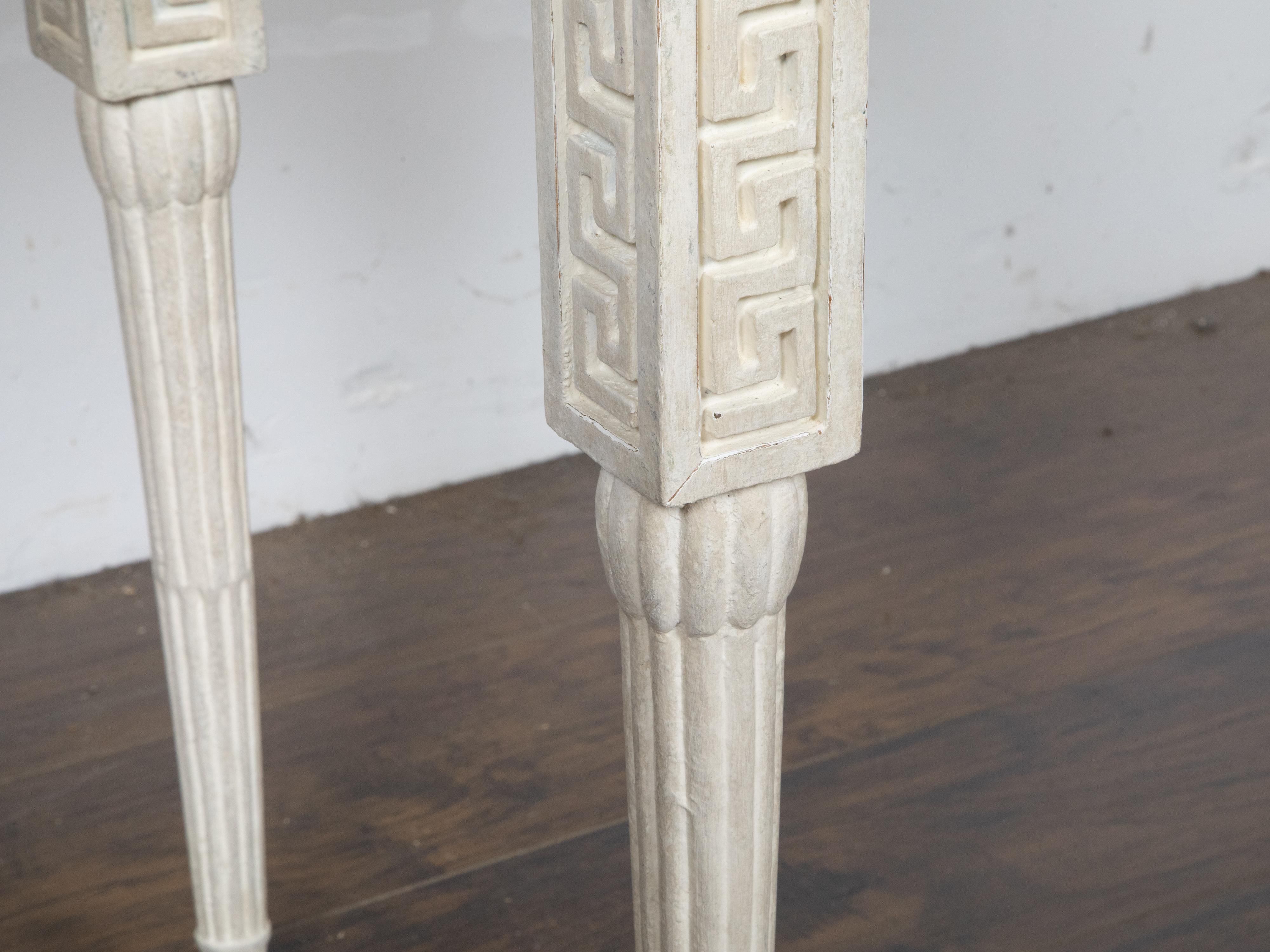 Italian Midcentury Console Table with White Marble Top and Carved Greek Key For Sale 5