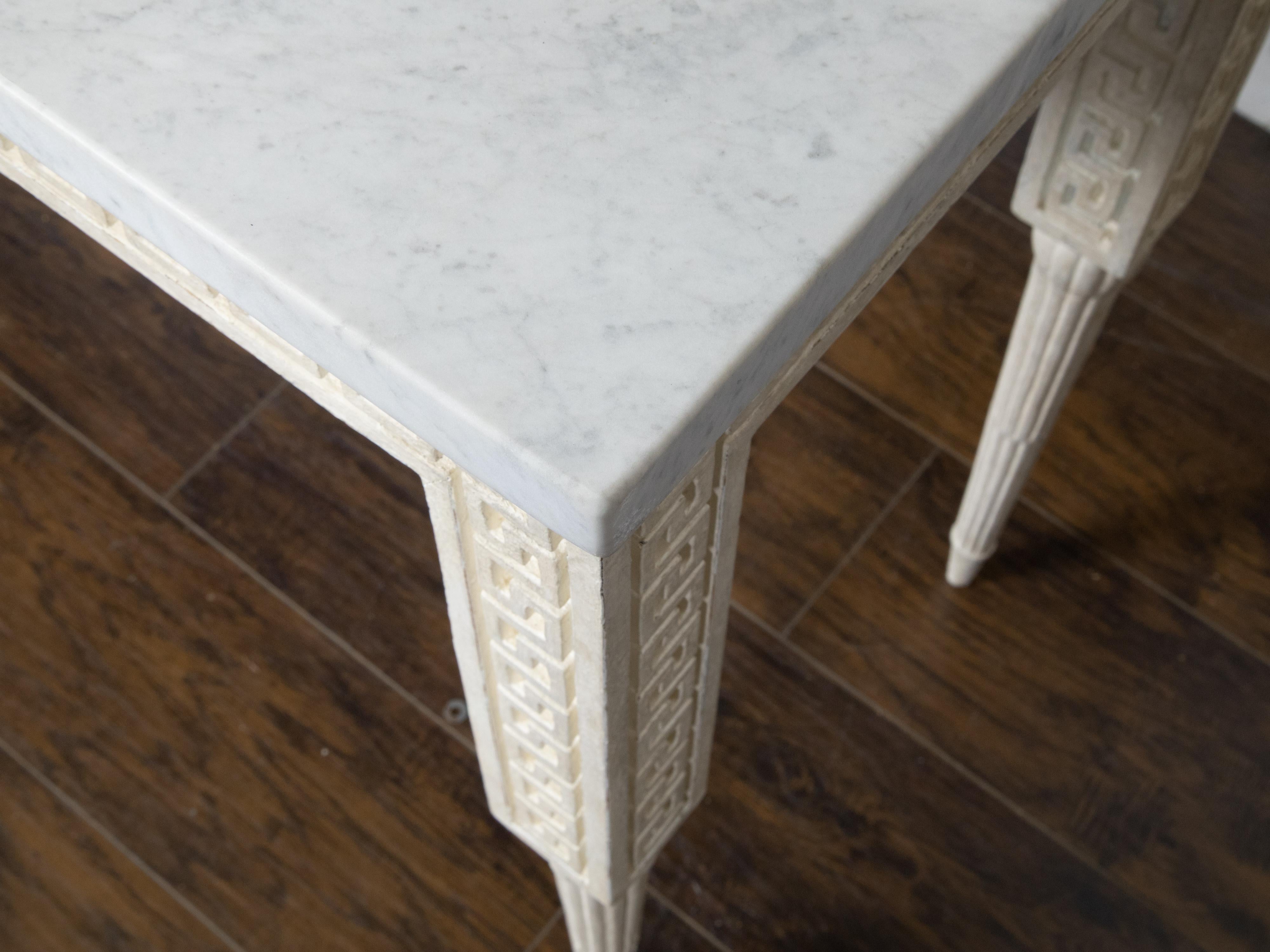 Italian Midcentury Console Table with White Marble Top and Carved Greek Key For Sale 8